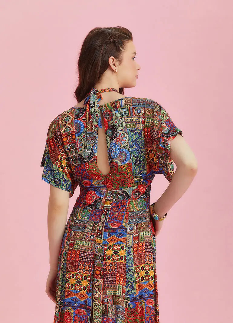 Sırt Pencereli Etnik Desenli Cut Out Bohem Elbise 6471