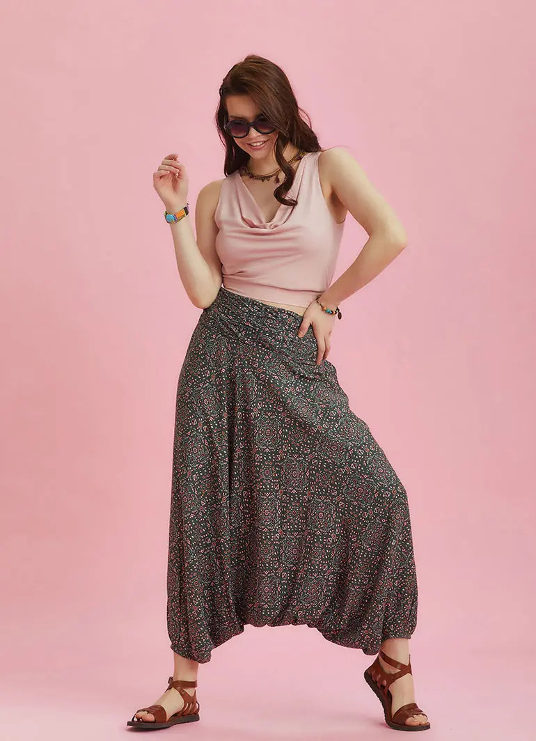 Drape Detay Beli Lastikli Antik Desenli Şalvar Pantolon 6286