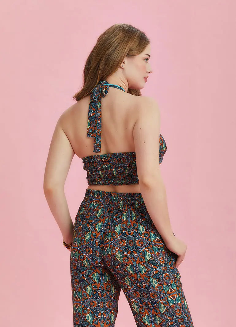 Boyundan Bağlamalı Etnik Desenli Büyük Beden Crop Bluz 6394