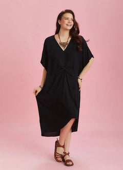 V-Neck Front-Knotted Black Batwing Sleeve Dress 6484