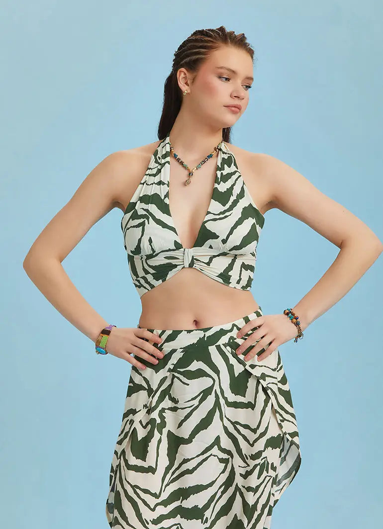 Boyundan Bağlamalı Desenli Crop Bluz 6340