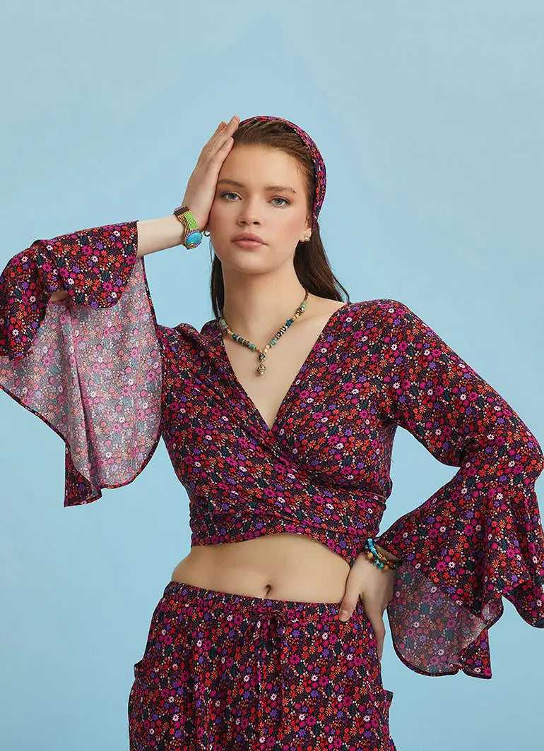 Çiçekli Desenli İspanyol Kol Crop Bluz 6258