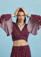 Çiçekli Desenli İspanyol Kol Crop Bluz 6258