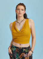 Lastikli Kolsuz Degaje Yaka Sarı Şık Crop Bluz 6522
