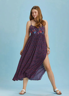 Plus Size Pink Floral Spaghetti Strap Slit Empire Waist Dress 6462