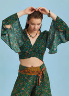 Yeşil Çiçekli Desenli İspanyol Kol Crop Bluz 6261