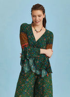 Yeşil Çiçekli Desenli İspanyol Kol Crop Bluz 6261