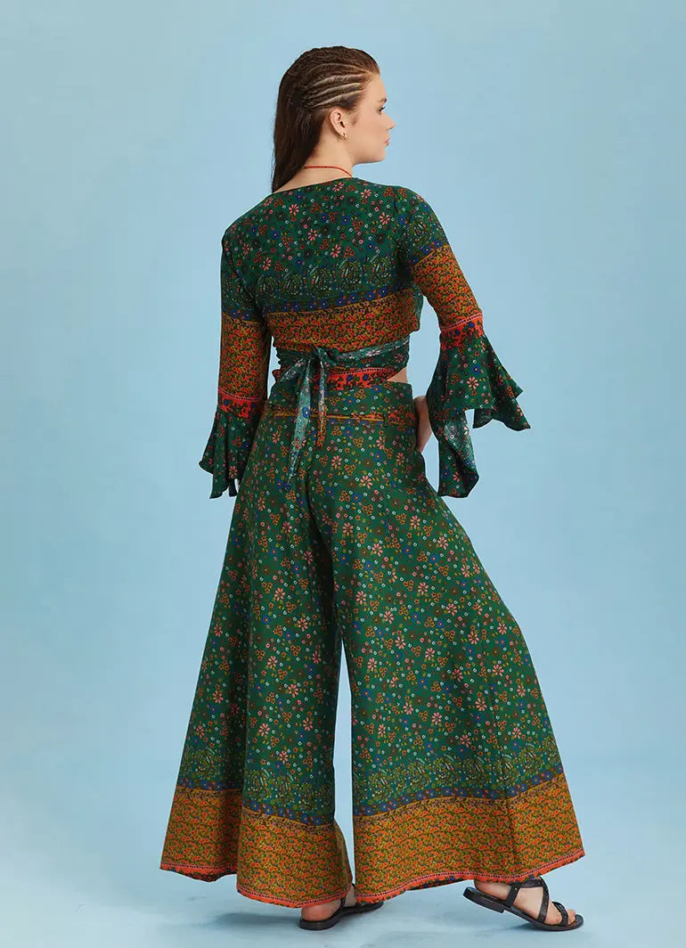 Yeşil Çiçekli Desenli İspanyol Kol Crop Bluz 6261