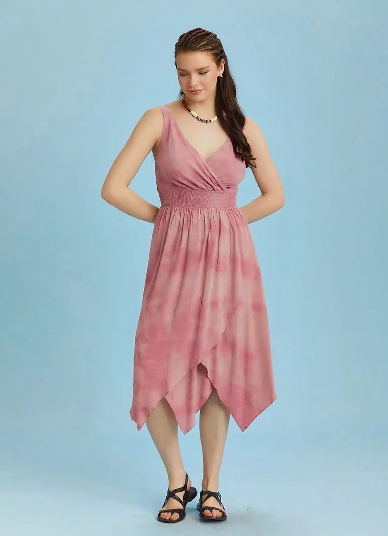 Kruvaze Yaka Etek Katlı Bohem Şık Batik Elbise 6266