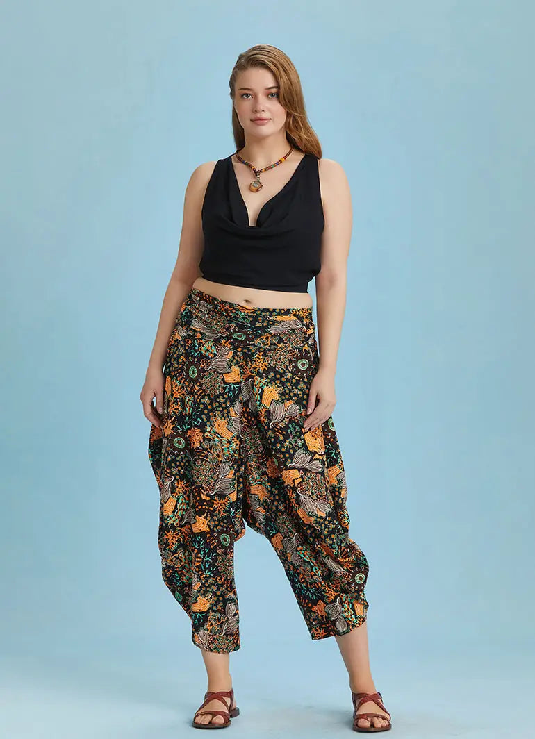 Drape Bel Dökümlü Çiçek Desenli Büyük Beden Şalvar Pantolon 6418