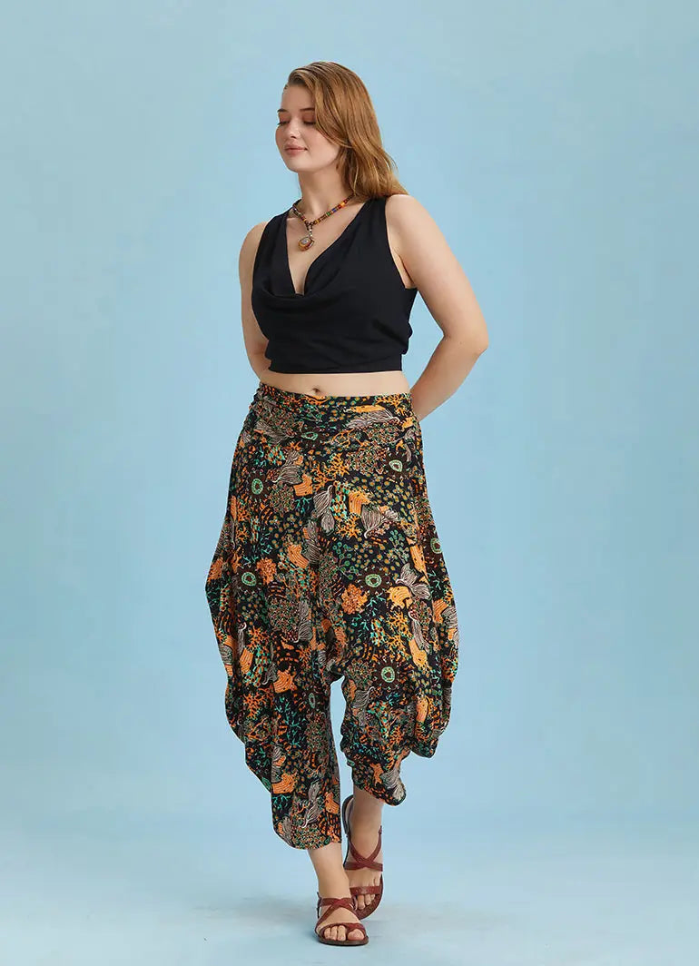 Drape Bel Dökümlü Çiçek Desenli Büyük Beden Şalvar Pantolon 6418