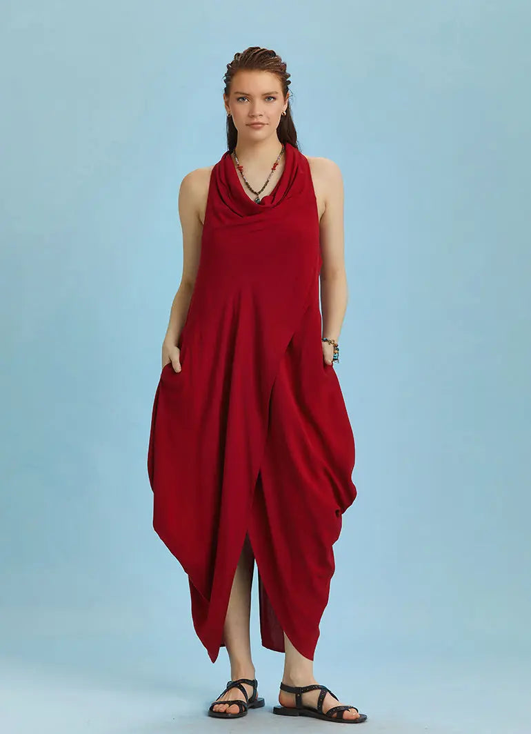 Kırmızı Degaje Yaka Otantik Elbise 6264