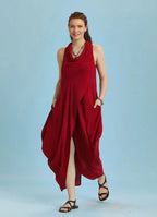 Kırmızı Degaje Yaka Otantik Elbise 6264