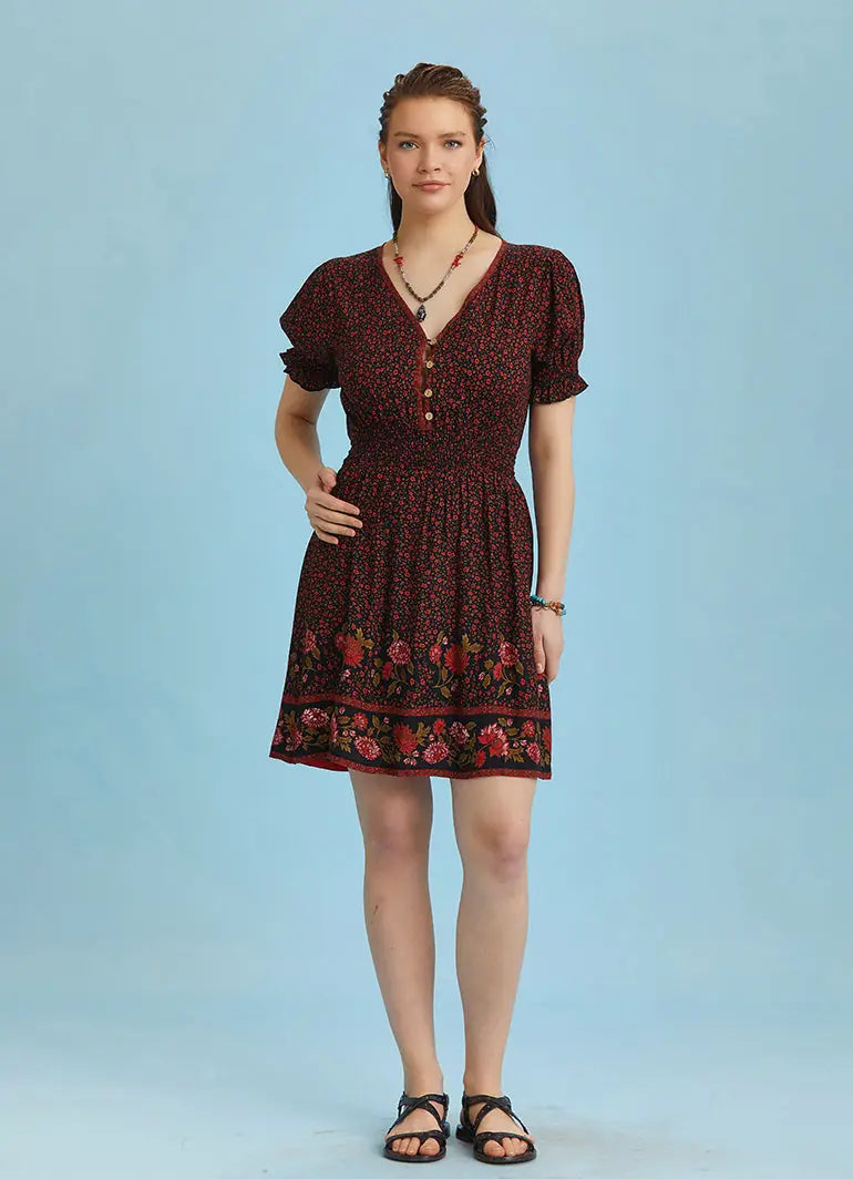 Bohem Stil Sulu Kumaş Gül Desenli Karpuz Kol Elbise 6558