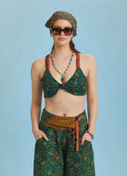 Bohem Stil Yeşil Çiçek Desen Bağlamalı Bralet Crop Bluz 6311