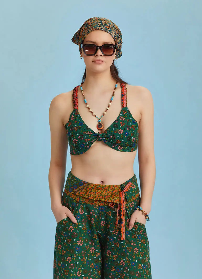 Bohem Stil Yeşil Çiçek Desen Bağlamalı Bralet Crop Bluz 6311