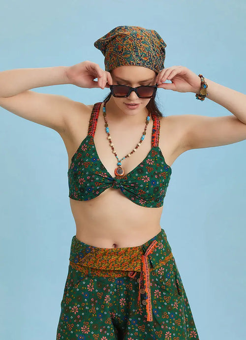 Bohem Stil Yeşil Çiçek Desen Bağlamalı Bralet Crop Bluz 6311