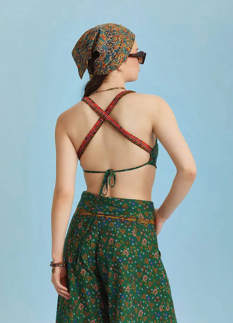 Bohem Stil Yeşil Çiçek Desen Bağlamalı Bralet Crop Bluz 6311
