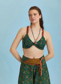 Bohem Stil Yeşil Çiçek Desen Bağlamalı Bralet Crop Bluz 6311