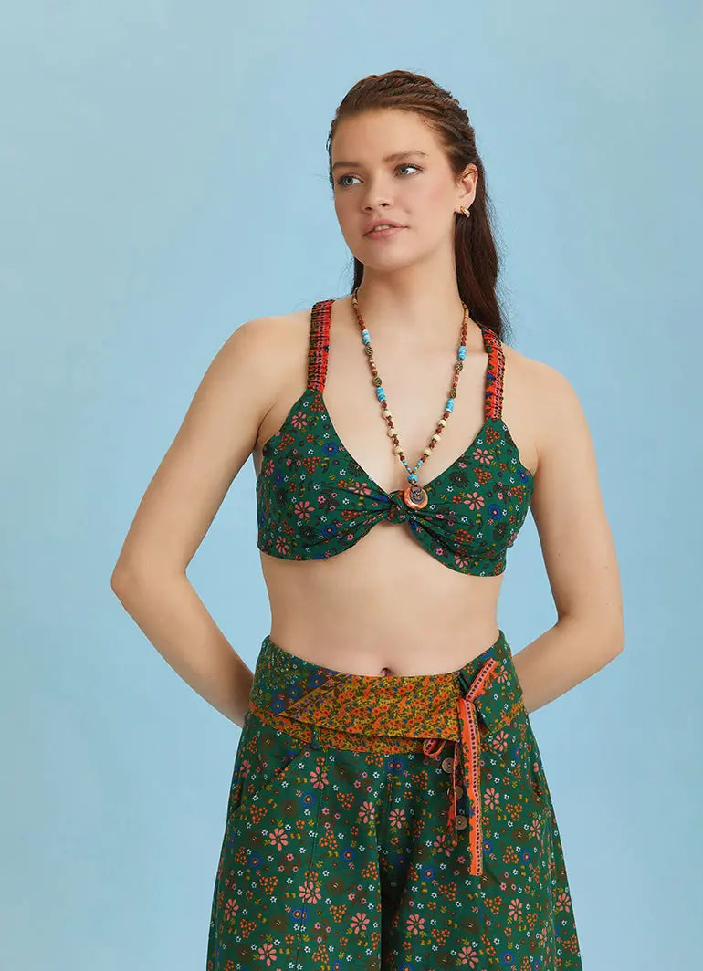 Bohem Stil Yeşil Çiçek Desen Bağlamalı Bralet Crop Bluz 6311