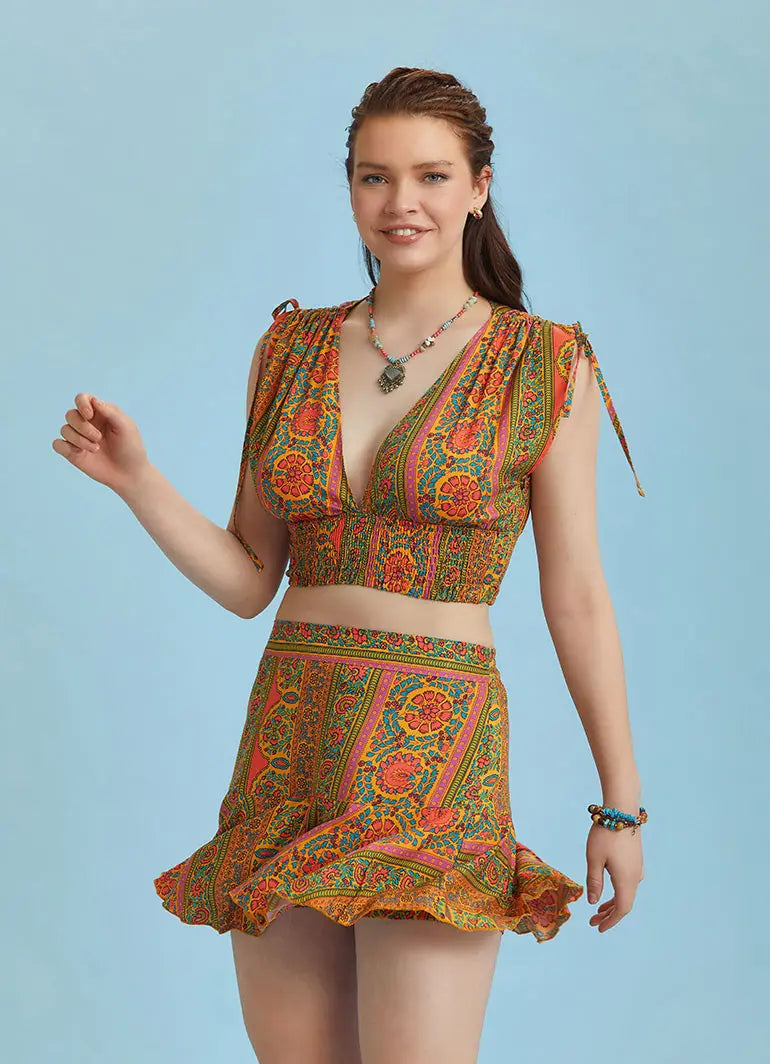 Turuncu Desenli Volanlı Mini Şort Etek 6369