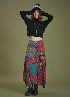 Black Asymmetric Cut Skirt with Babylon Pattern and Piping Detail 6652