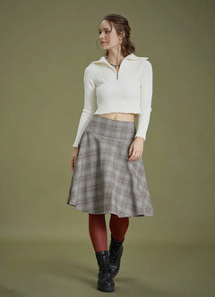 Bohemian Style Coffee Gray Plaid Flared Skirt 6633