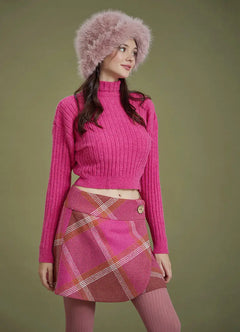Pink Patterned Large Button Winter Mini Skirt 6684