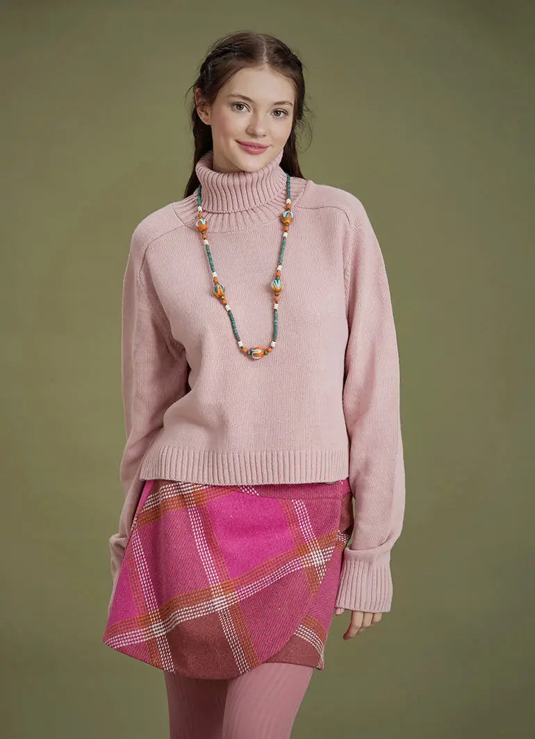 Bohem Stil Pembe Balıkçı Yaka Kazak 6627