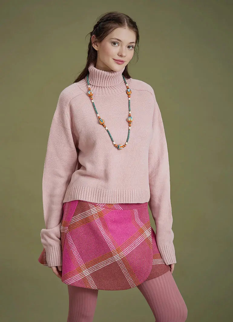 Bohem Stil Pembe Balıkçı Yaka Kazak 6627