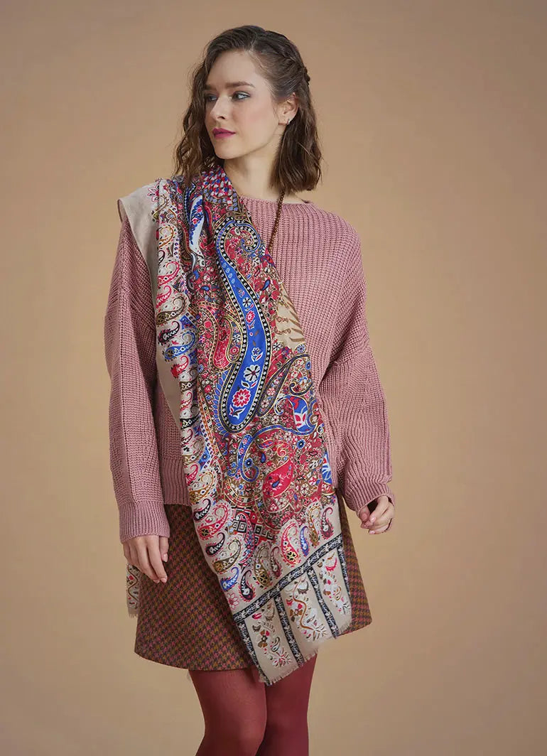 Patchwork Bej Desenli Şal 6731