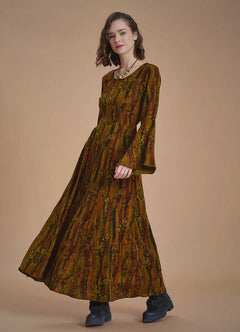 Patterned Boat Neck Belted Khaki Bell Sleeve Women's Dress 6619