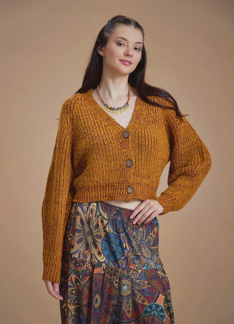Bohem Tarz Dokulu Örme Hardal Rengi Crop Hırka 6667