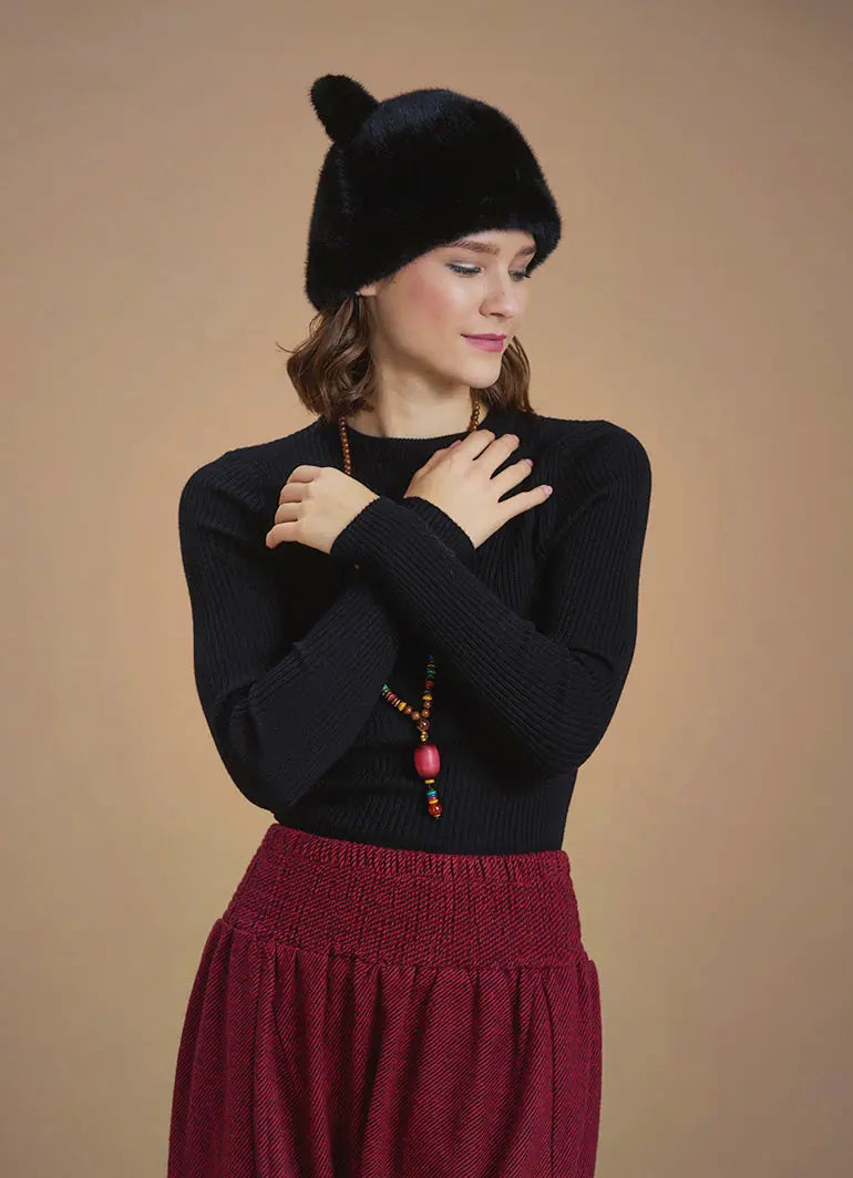 Kulaklı Siyah Peluş Bere 6703