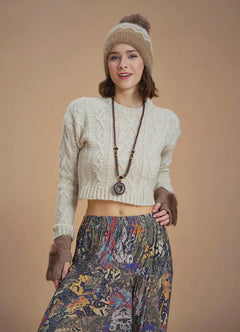 Saç Örgü Dokulu Taş Rengi Crop Kazak 6593