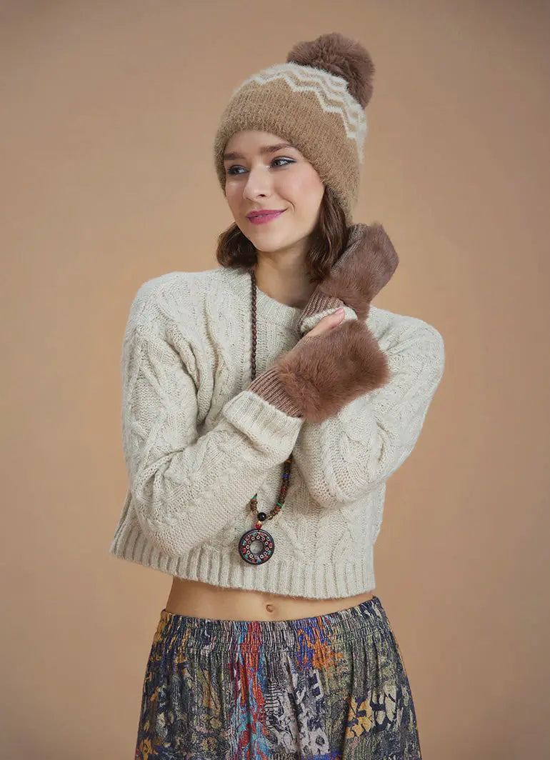 Saç Örgü Dokulu Taş Rengi Crop Kazak 6593