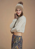 Saç Örgü Dokulu Taş Rengi Crop Kazak 6593