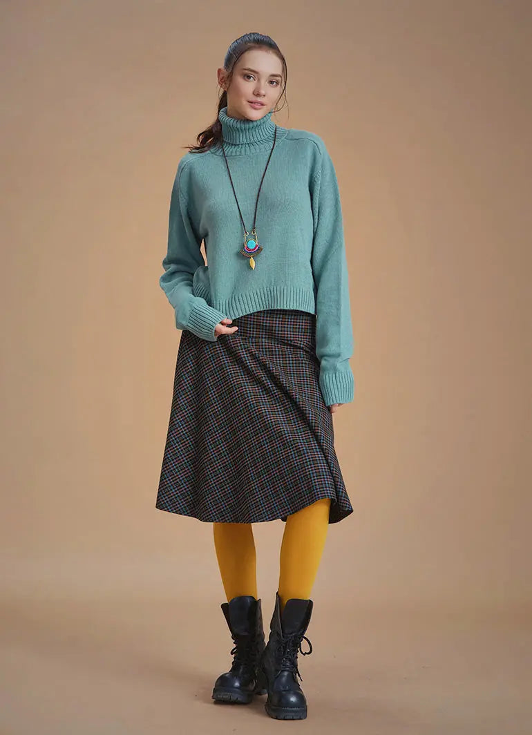 Bohem Stil Yeşil Balıkçı Yaka Kazak 6628