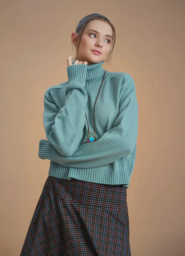 Bohem Stil Yeşil Balıkçı Yaka Kazak 6628