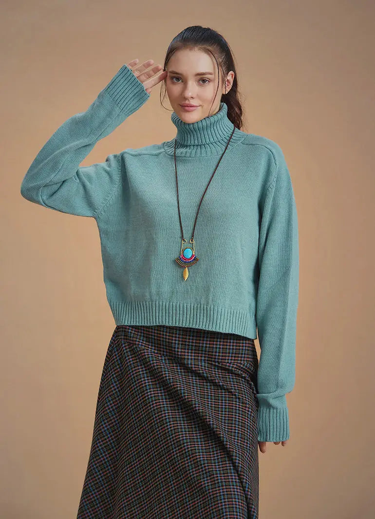 Bohem Stil Yeşil Balıkçı Yaka Kazak 6628
