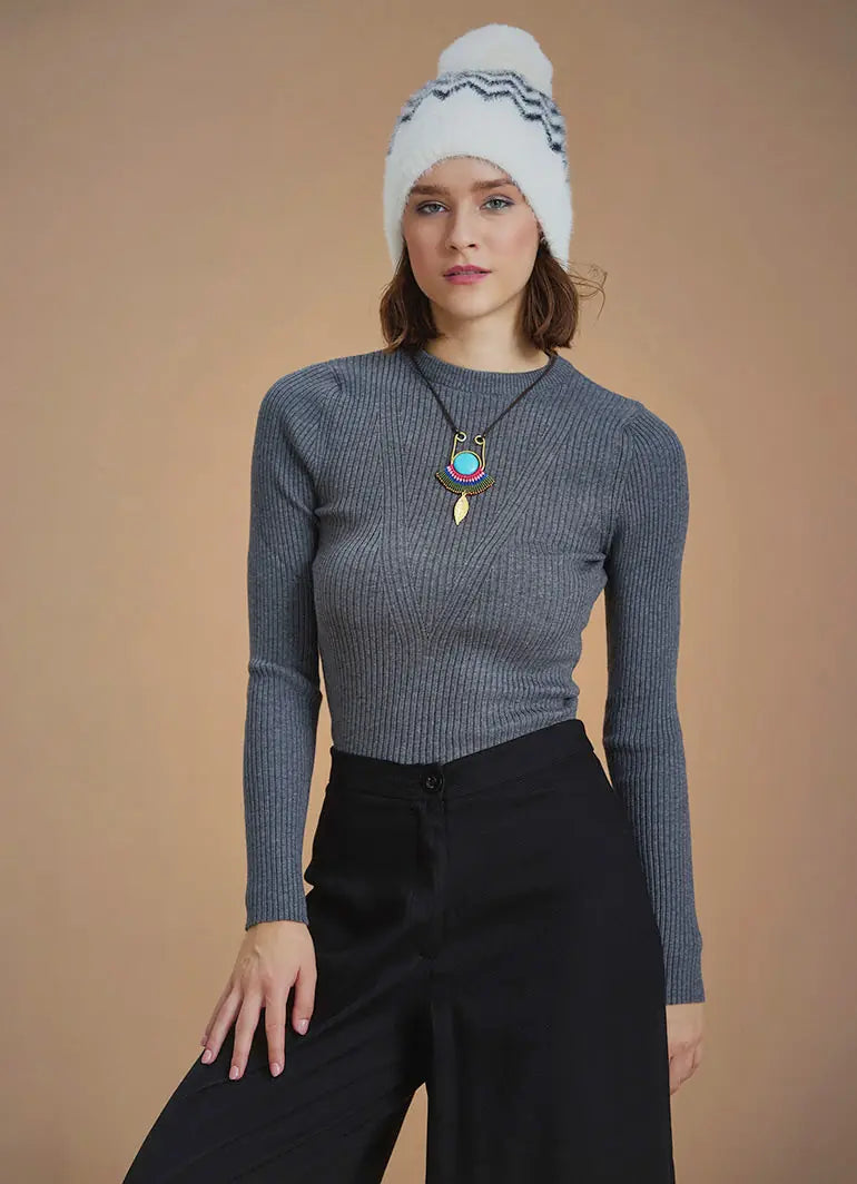 Bisiklet Yaka Slim Antrasit Triko Kazak 6588