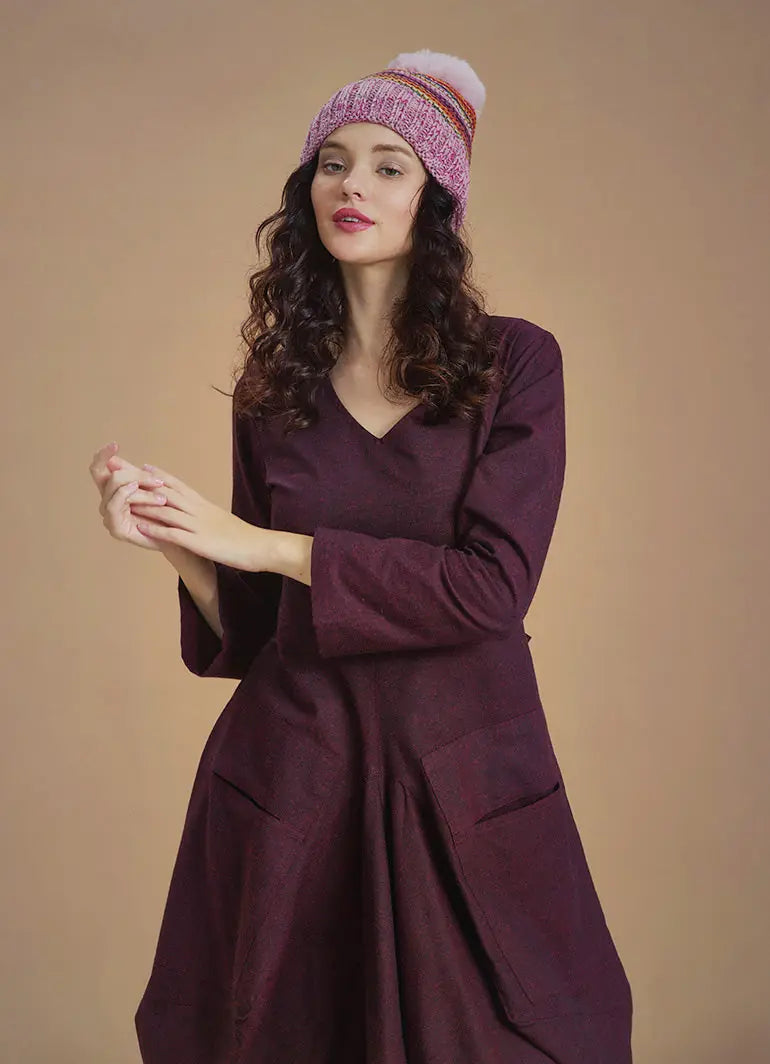 Derin V Yaka Uzun Kollu Balon Bordo Elbise 6623