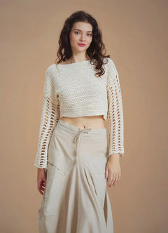 Ecru Knitted Perforated Cropped Openwork Sweater 6595