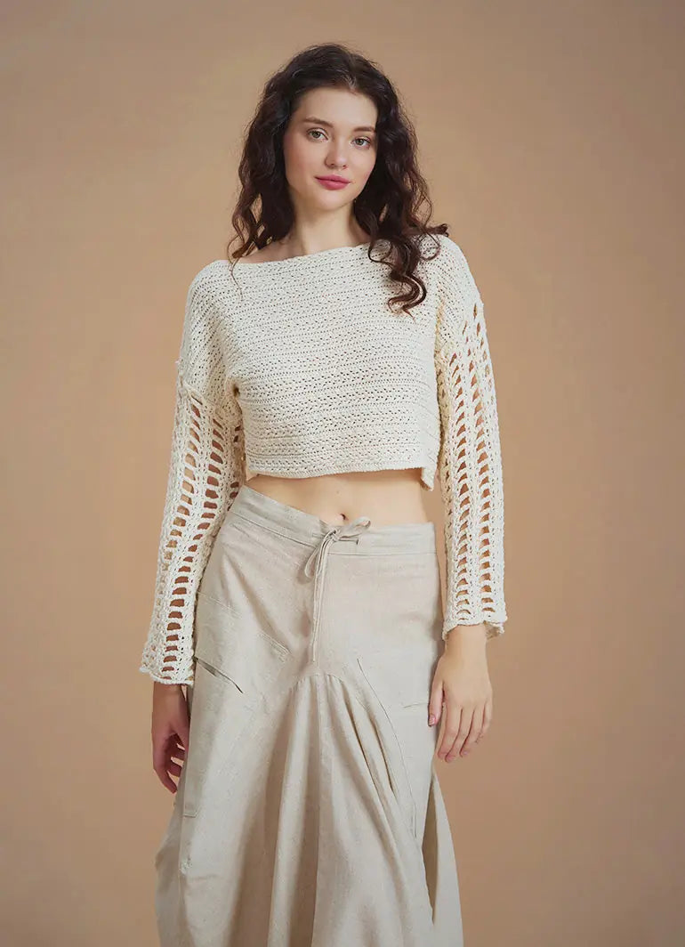 Ekru Renkli Örme Delikli Crop Ajurlu Kazak 6595