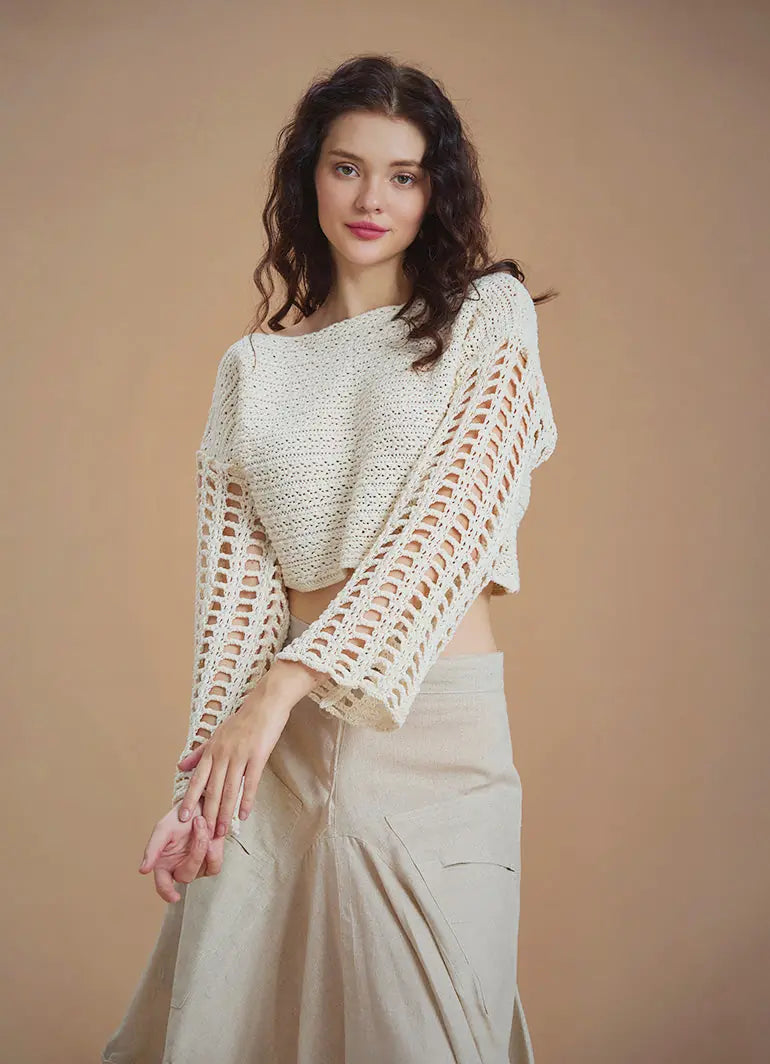 Ekru Renkli Örme Delikli Crop Ajurlu Kazak 6595