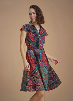 Black Patterned Shirt Collar Front Button Short Sleeve Flared Dress 6685