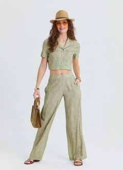 Normal Waist Buttoned Yellow Floral Authentic Women's Trousers 7277