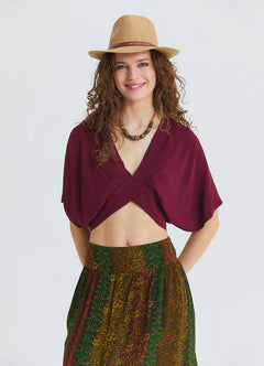 Draped Burgundy Summer Blouse with Wrap Neckline and Open Back 7211