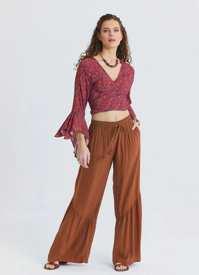 Beli Bağcıklı Volanlı Cepli Kahve Bol Paça Pantolon 7189
