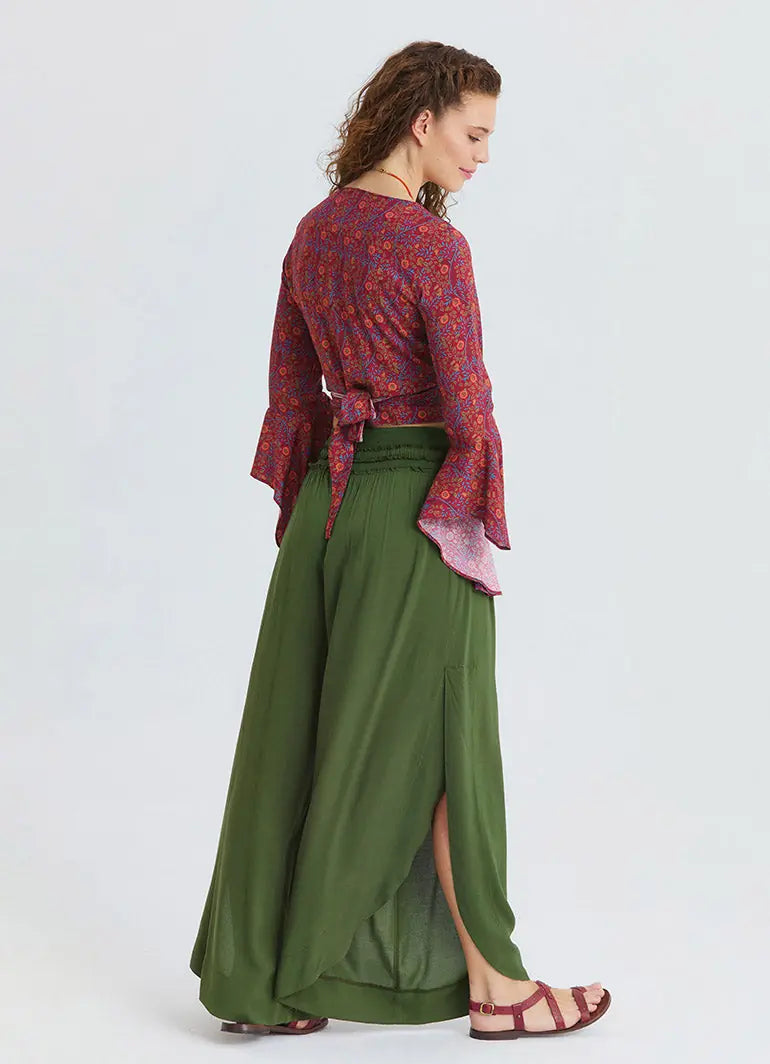 Beli Lastikli Yandan Yırtmaçlı Haki Kadın Yazlık Pantolon 7252